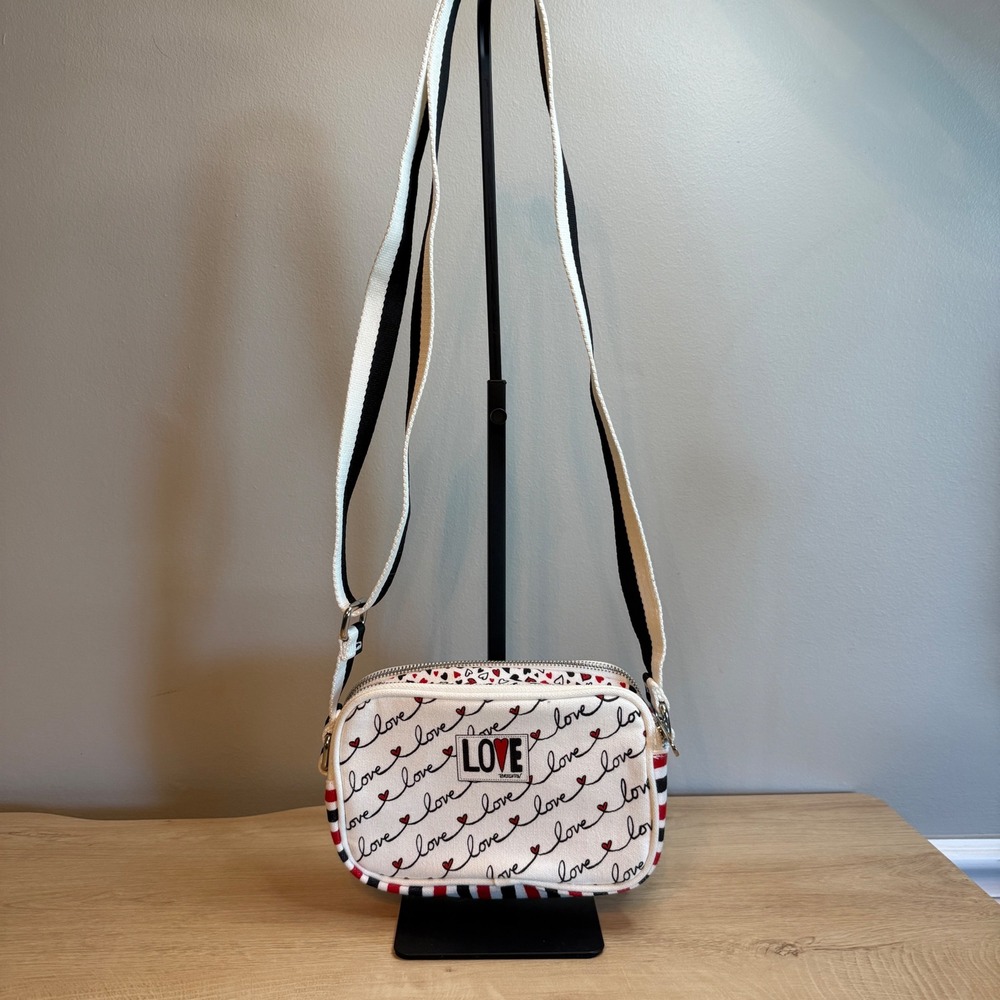 Brighton Love Canvas Crossbody Camera Bag White Red Heart Script Print Purse